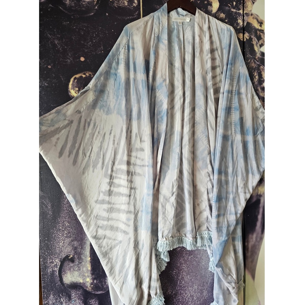 Love Kyla Kimono Cover‎ Up Tie Dye Blue White Fringe Bohemian Resort Wear Size S